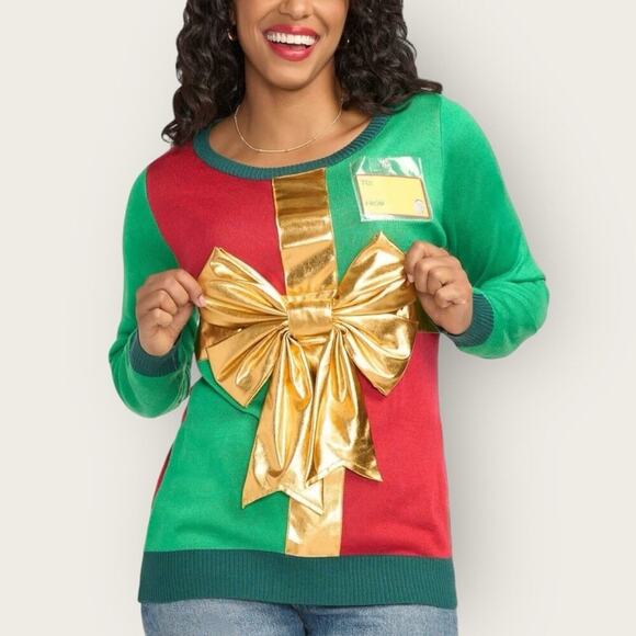 Tipsyelves | Christmas Present Ugly Christmas Sweater | Green/Red/Gold | Small - Picture 1 of 12